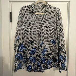 Express Black and White Blouse with Blue Floral Design Portofino
